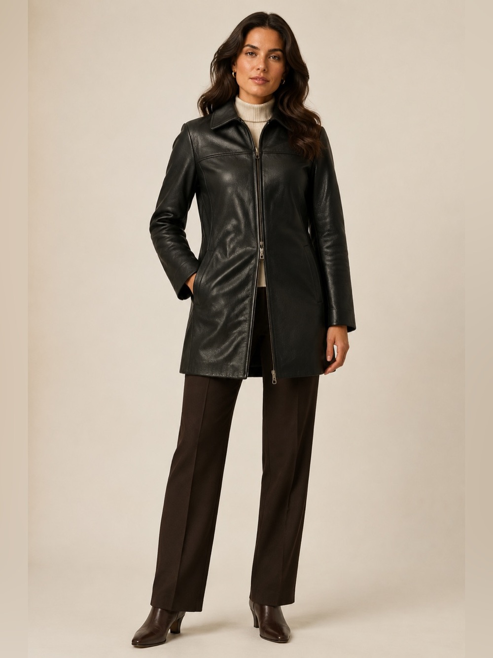 Y2K Danier Black Genuine Leather Car Coat Two-Way Zip